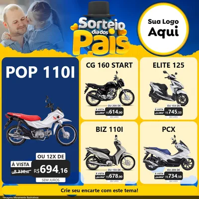 Modelo de Rede Social para Feed Facebook com o tema Sorteio Dia Dos Pais para Concessionaria de Motos
