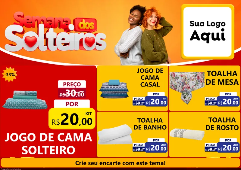 Modelo de Encarte para Encarte A4 Horizontal com o tema Semana dos Solteiros para Cama, Mesa e Banho