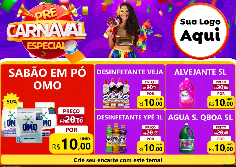 Modelo de Encarte para Encarte A4 Horizontal com o tema Pré-Carnaval Especial para Produtos de Limpeza