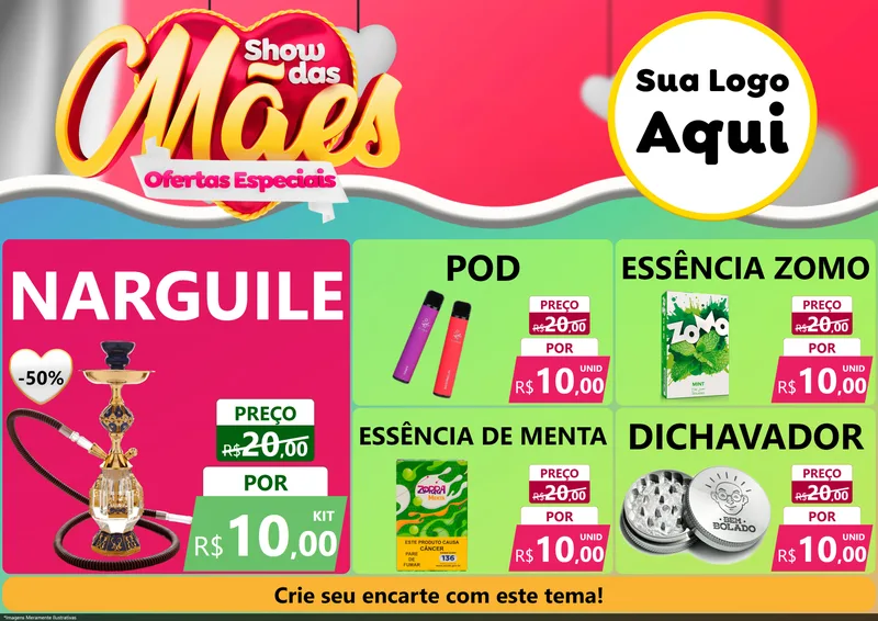 Modelo de Encarte para Encarte A4 Horizontal com o tema Show das Mães - Ofertas Especiais para Tabacaria