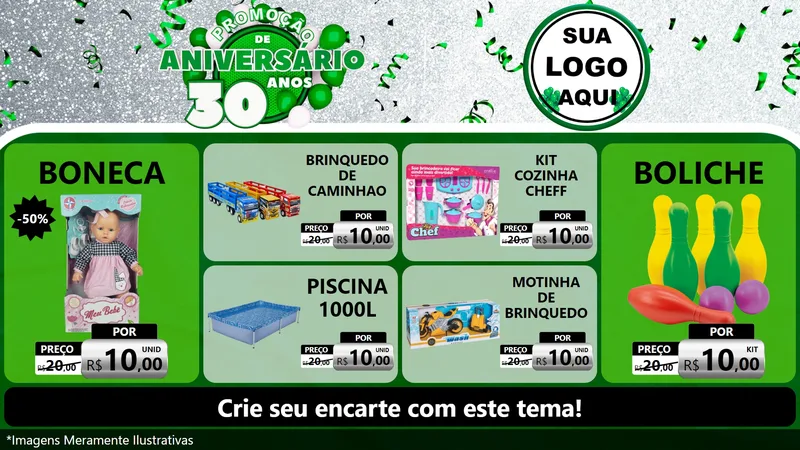 Modelo de TV para TV Horizontal com o tema Promoção de Aniversário - 30 Anos para Brinquedos