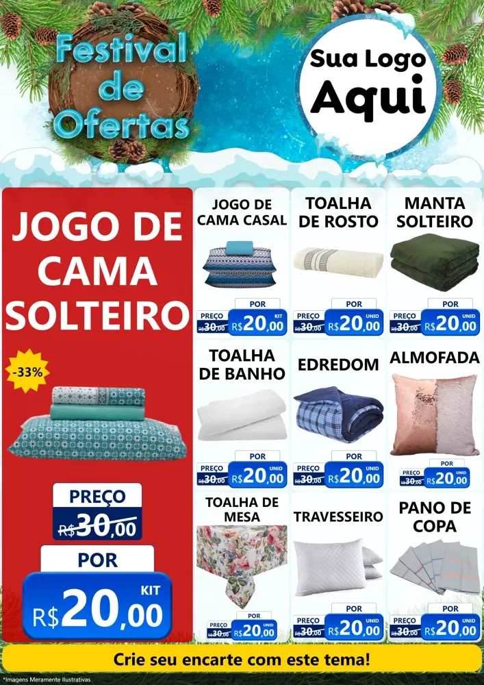 Modelo de Encarte para Encarte A4 Vertical com o tema Festival de Ofertas - Inverno para Cama, Mesa e Banho