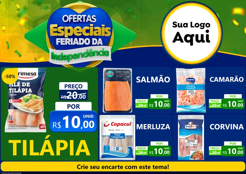 Modelo de Encarte para Encarte A4 Horizontal com o tema Ofertas Especiais Feriado da Independência para Peixaria