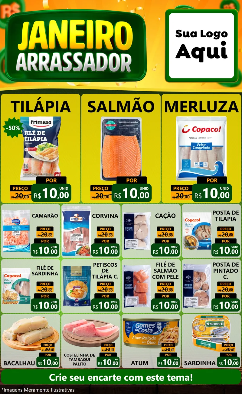 Modelo de Encarte para Encarte Grande com o tema Janeiro Arrasador para Peixaria