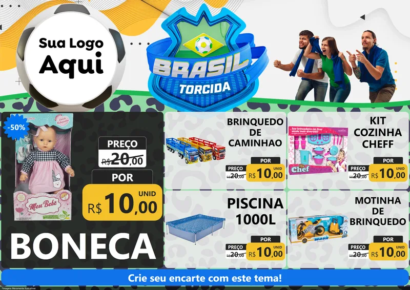 Modelo de Encarte para Encarte A4 Horizontal com o tema Brasil Torcida - Copa para Brinquedos