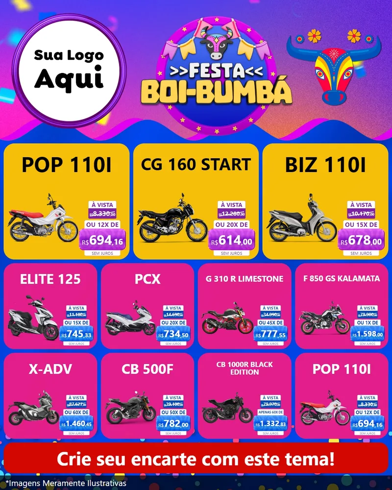 Modelo de Rede Social para Feed Instagram com o tema Festa Boi-Bumbá para Concessionaria de Motos