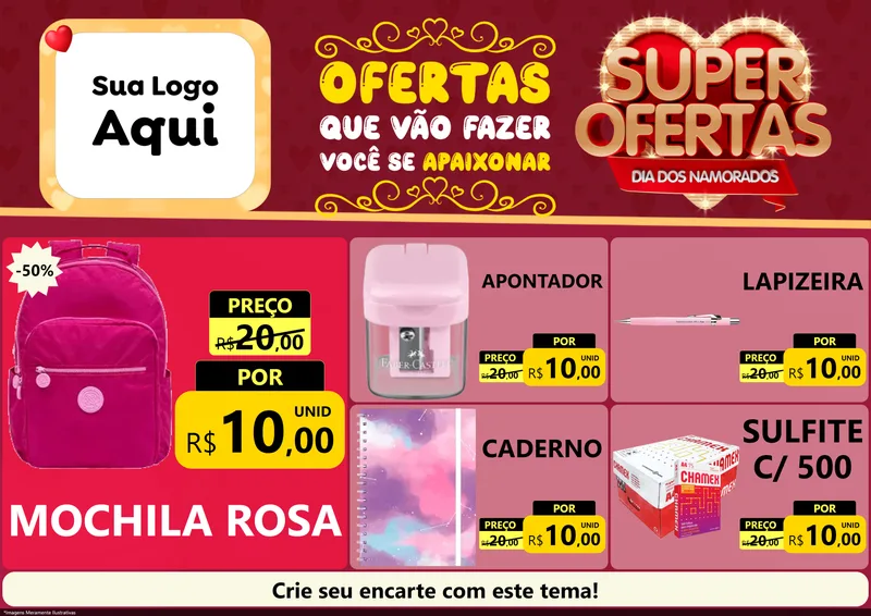Modelo de Encarte para Encarte A4 Horizontal com o tema Dia dos Namorados para Papelaria