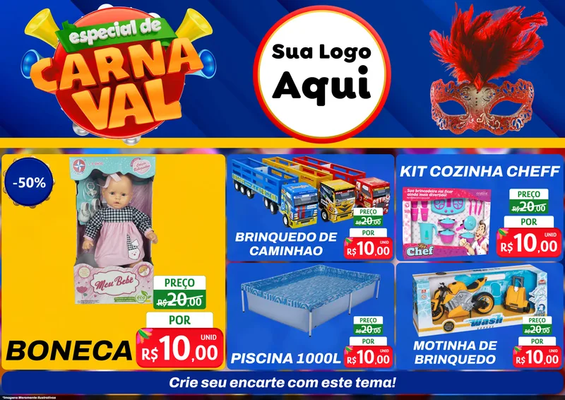 Modelo de Encarte para Encarte A4 Horizontal com o tema Especial de Carnaval para Brinquedos