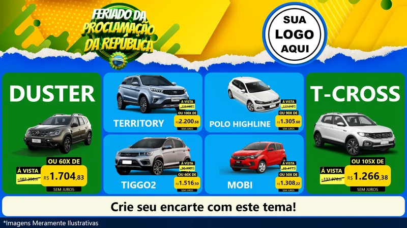 Modelo de TV para TV Horizontal com o tema Feriado da Proclamação da República para Concessionaria de Carros