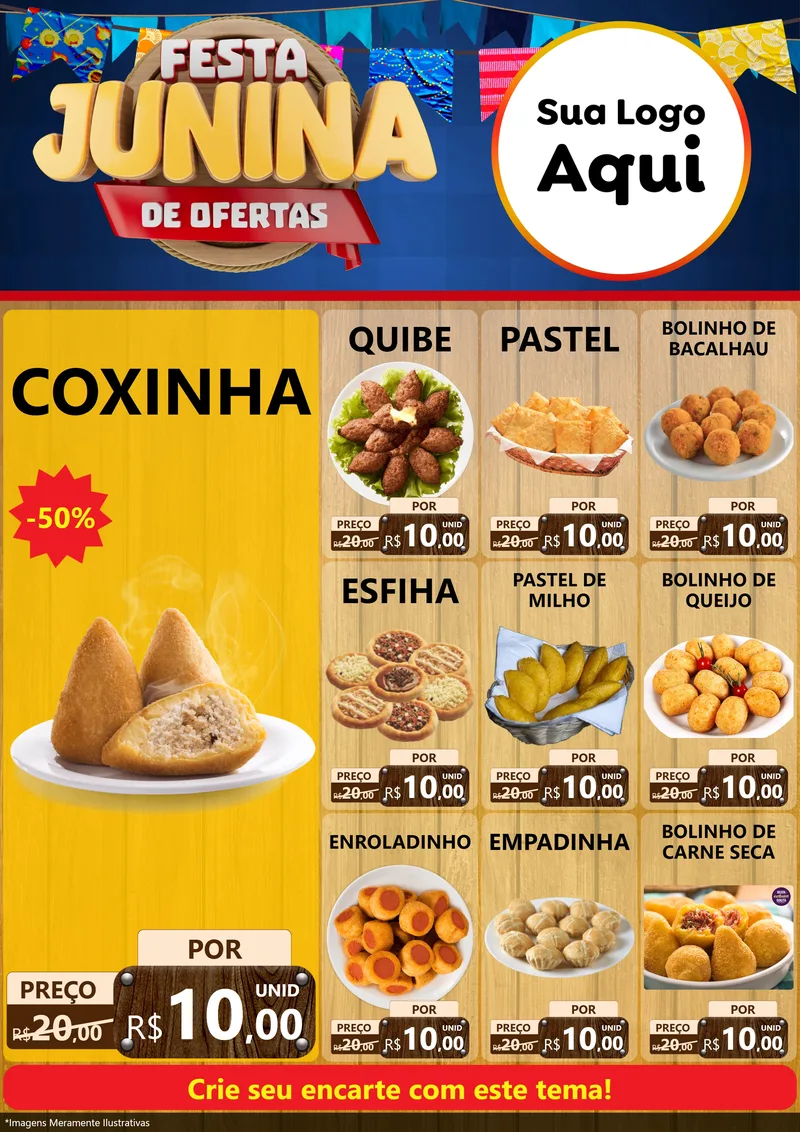 Modelo de Encarte para Encarte A4 Vertical com o tema Festa Junina de Ofertas para Salgadaria