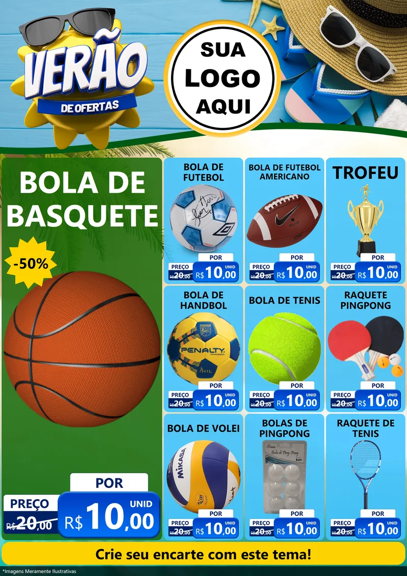 Modelo de Encarte para Encarte A4 Vertical com o tema Verão de Ofertas para Artigos Esportivos