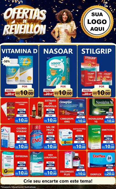 Modelo de Encarte para Encarte Grande com o tema Ofertas de Réveillon para Farmácia