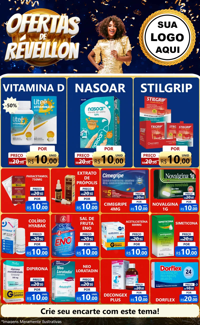 Modelo de Encarte para Encarte Grande com o tema Ofertas de Réveillon para Farmácia