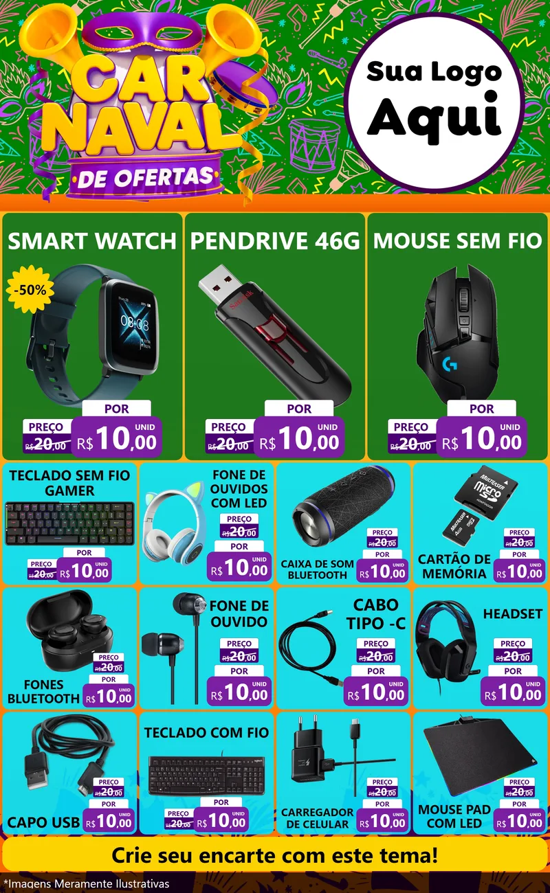Modelo de Encarte para Encarte Grande com o tema Carnaval de Ofertas para Informática