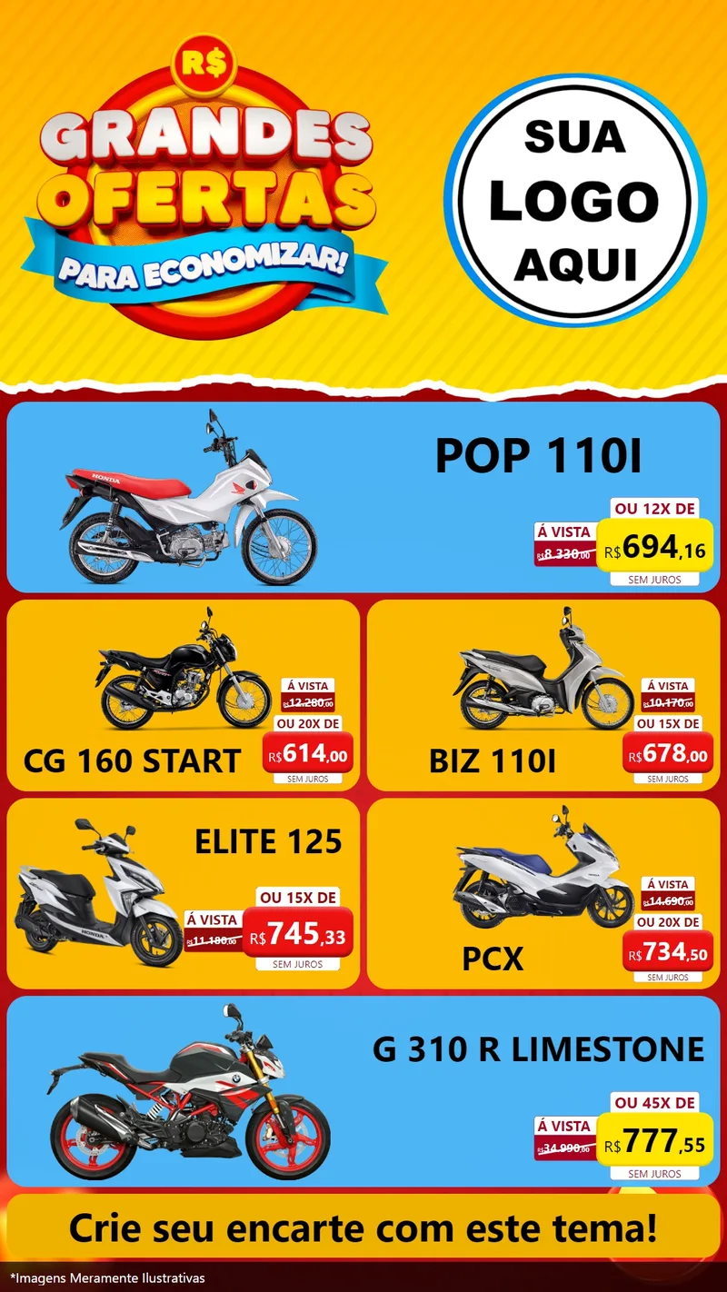 Modelo de TV para TV Vertical com o tema Grandes Ofertas Para Economizar! para Concessionaria de Motos