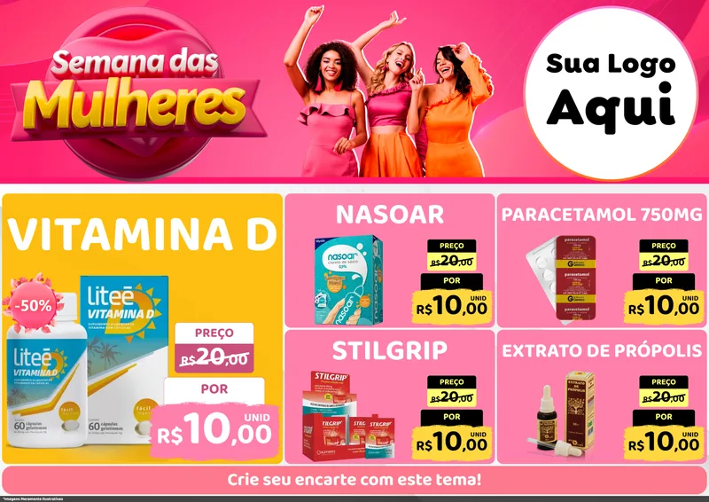 Modelo de Encarte para Encarte A4 Horizontal com o tema Semana das Mulheres para Farmácia
