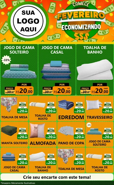 Modelo de Encarte para Encarte Grande com o tema Comece Fevereiro Economizando para Cama, Mesa e Banho