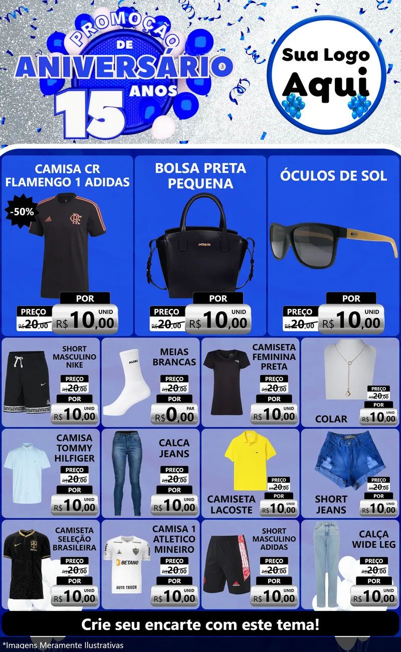 Modelo de Encarte para Encarte Grande com o tema Promoção de Aniversário - 15 Anos para Roupas e acessórios