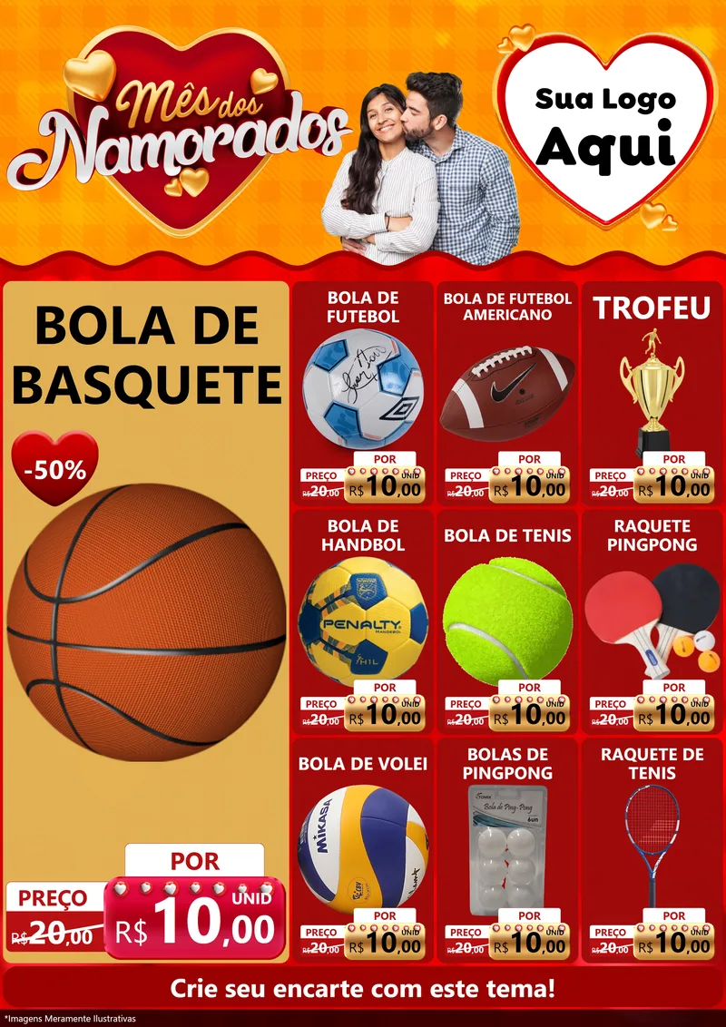 Modelo de Encarte para Encarte A4 Vertical com o tema Mês dos Namorados para Artigos Esportivos
