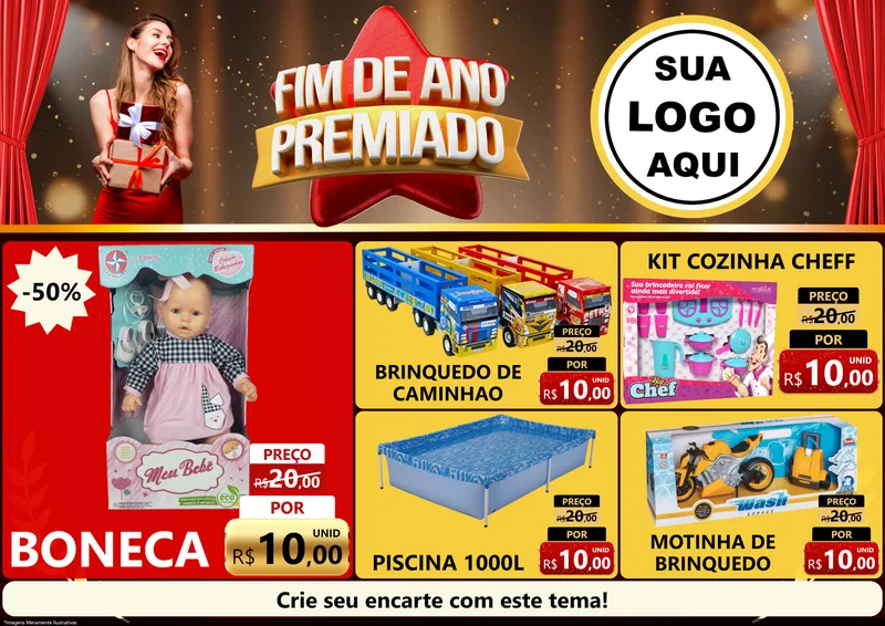 Modelo de Encarte para Encarte A4 Horizontal com o tema Fim de Ano Premiado para Brinquedos