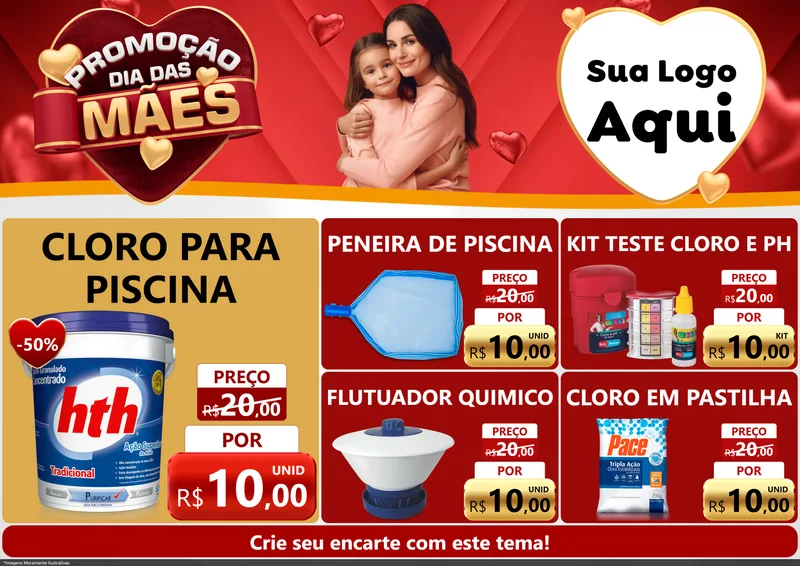 Modelo de Encarte para Encarte A4 Horizontal com o tema Promoção Dia das Mães para Produtos para Piscina