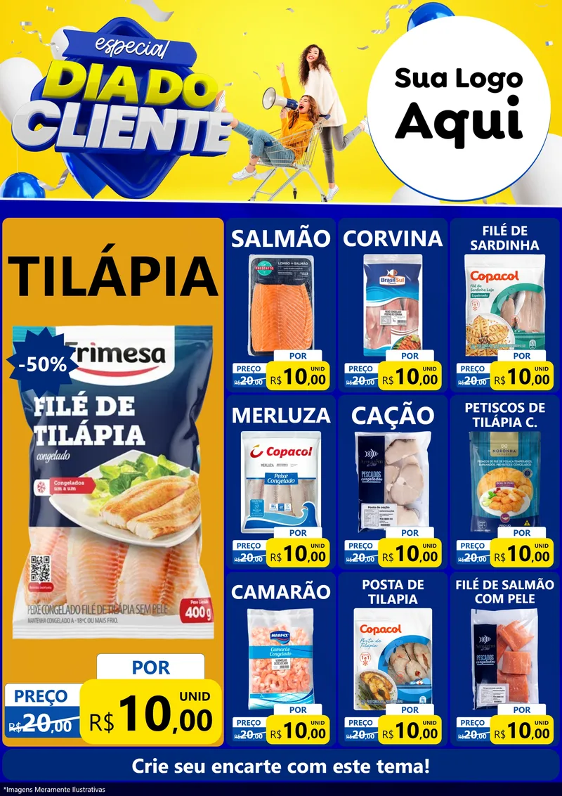 Modelo de Encarte para Encarte A4 Vertical com o tema Especial Dia do Cliente para Peixaria