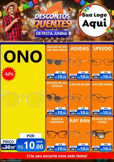 Modelo de Encarte para Encarte A4 Vertical com o tema Descontos Quentes de Festa Junina para Óticas