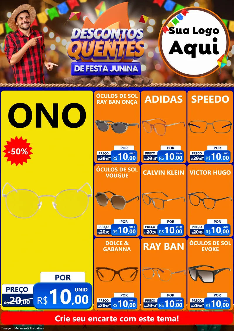 Modelo de Encarte para Encarte A4 Vertical com o tema Descontos Quentes de Festa Junina para Óticas