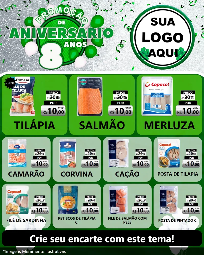 Modelo de Rede Social para Feed Instagram com o tema Promoção de Aniversário - 8 Anos para Peixaria