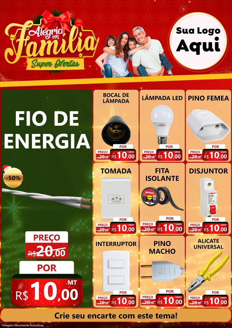 Modelo de Encarte para Encarte A4 Vertical com o tema Alegria em Família Super Ofertas - Natal para Materiais Elétricos