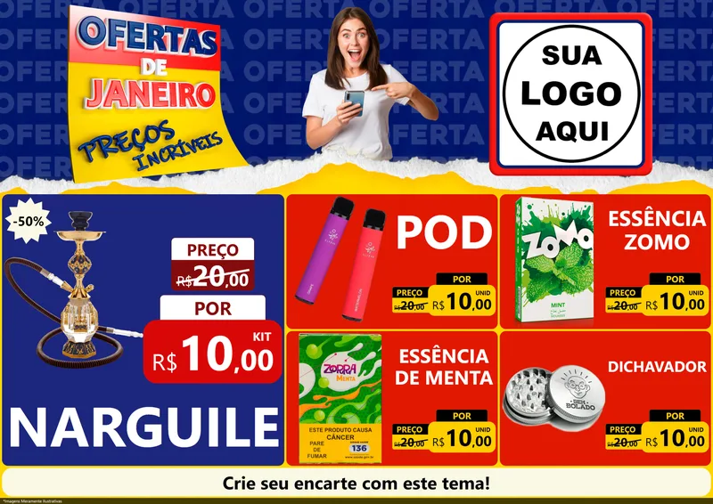 Modelo de Encarte para Encarte A4 Horizontal com o tema Ofertas de Janeiro - Preços Incríveis para Tabacaria