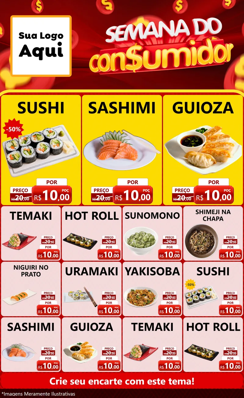 Modelo de Encarte para Encarte Grande com o tema Semana do Consumidor para Comida japonesa
