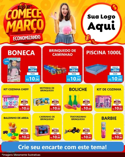 Modelo de Rede Social para Feed Instagram com o tema Comece Março Economizando para Brinquedos