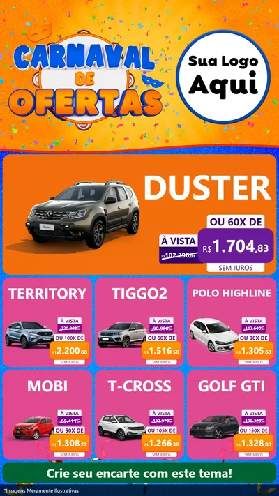 Modelo de Rede Social para Stories com o tema Carnaval de Ofertas para Concessionaria de Carros
