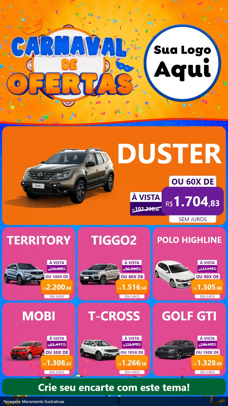 Modelo de Rede Social para Stories com o tema Carnaval de Ofertas para Concessionaria de Carros