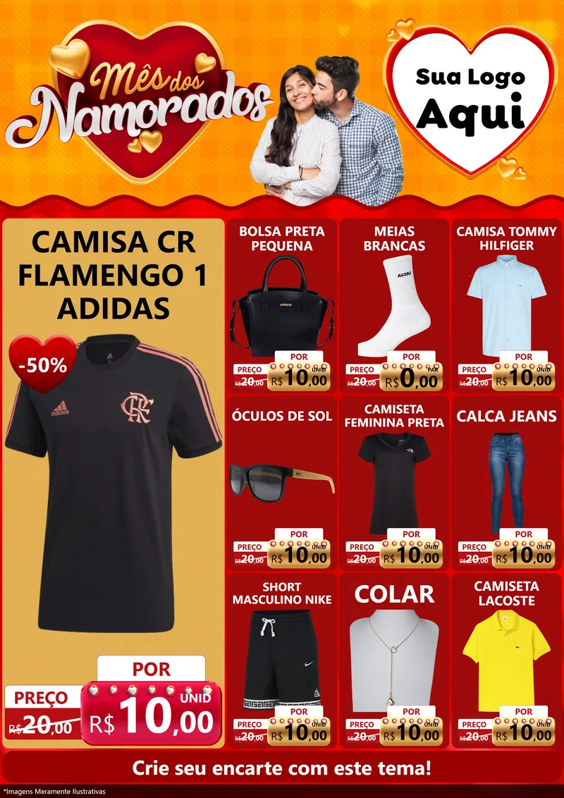 Modelo de Encarte para Encarte A4 Vertical com o tema Mês dos Namorados para Roupas e acessórios