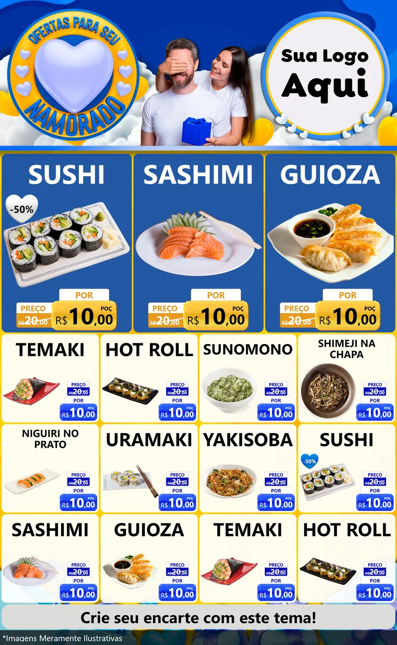 Modelo de Encarte para Encarte Grande com o tema Ofertas Para Seu Namorado para Comida japonesa