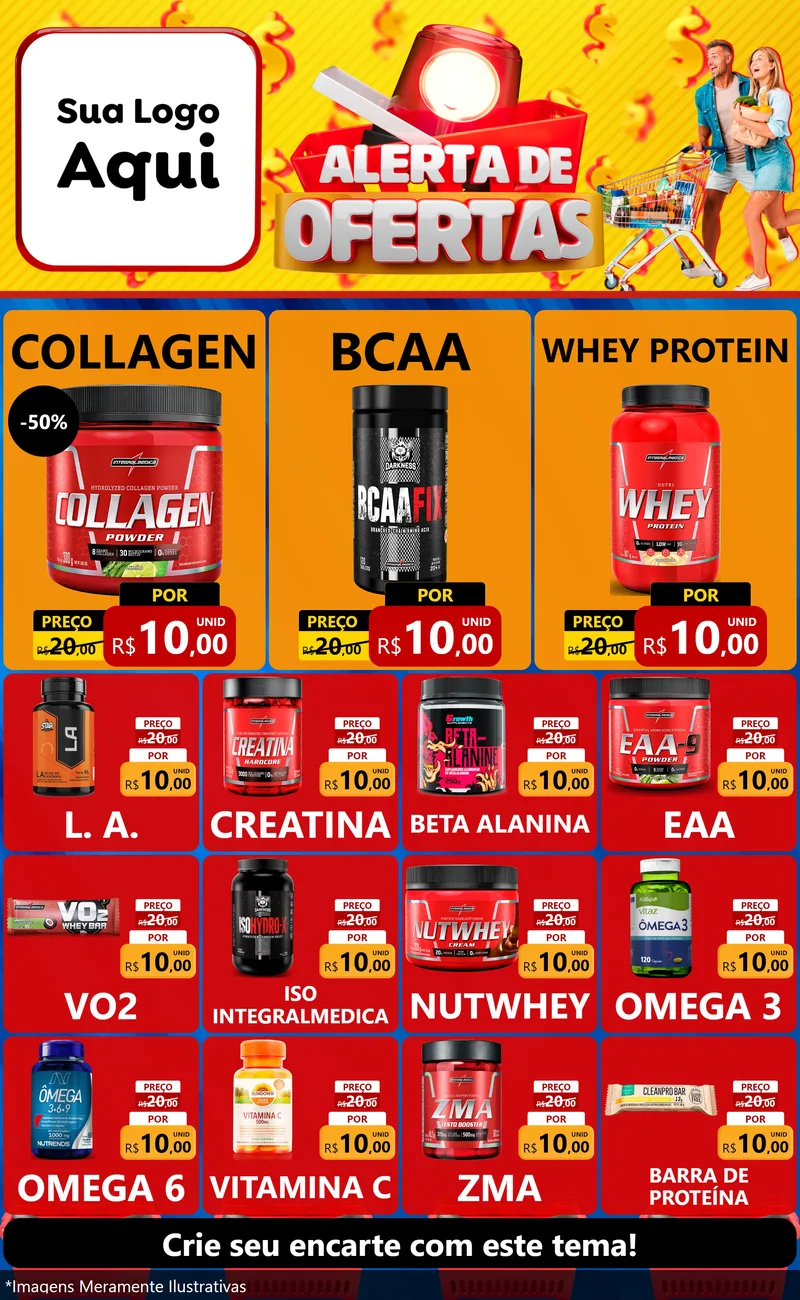 Modelo de Encarte para Encarte Grande com o tema Alerta de Ofertas para Suplementos alimentares