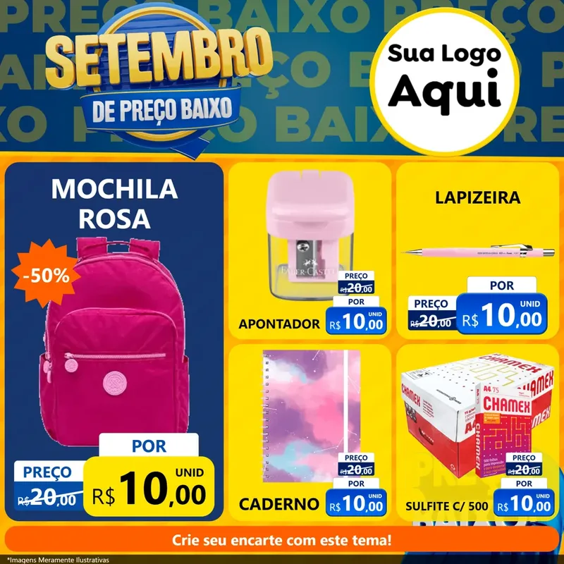 Modelo de Rede Social para Feed Facebook com o tema Setembro De Preço Baixo para Papelaria