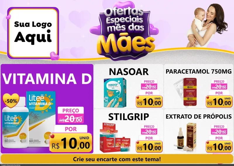 Modelo de Encarte para Encarte A4 Horizontal com o tema Ofertas Especiais - Mês das Mães para Farmácia