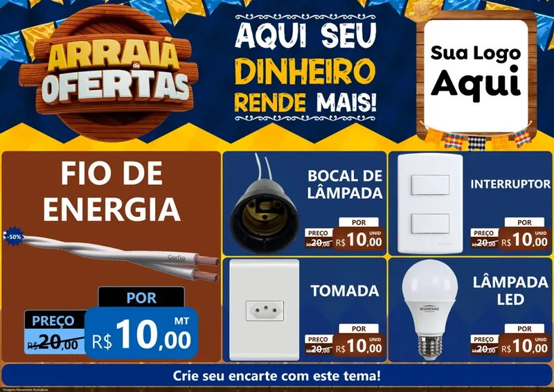 Modelo de Encarte para Encarte A4 Horizontal com o tema Arraiá de Ofertas - Junina para Materiais Elétricos
