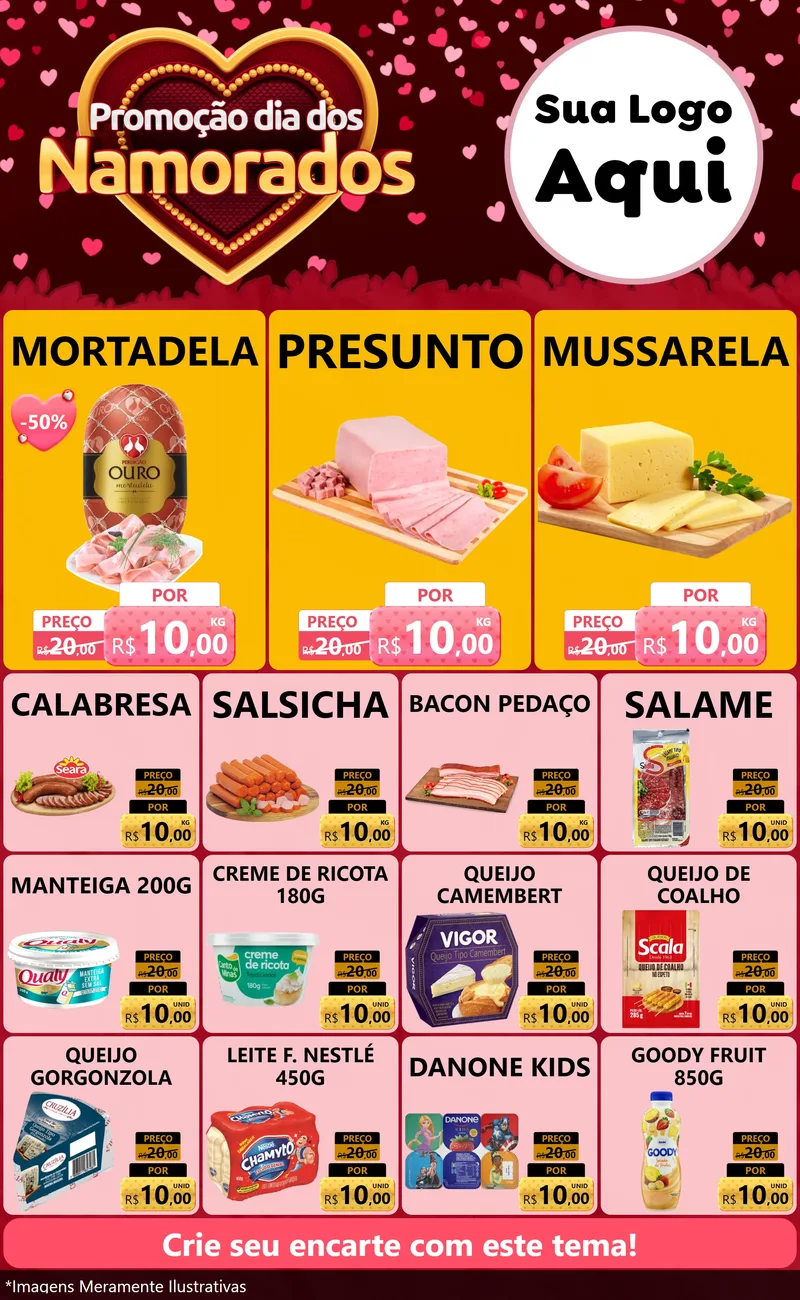 Modelo de Encarte para Encarte Grande com o tema Promoção Dia Dos Namorados para Frios e Laticínios