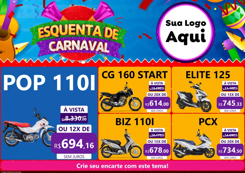 Modelo de Encarte para Encarte A4 Horizontal com o tema Esquenta de Carnaval para Concessionaria de Motos