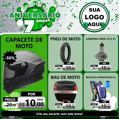 Modelo de Rede Social para Feed Facebook com o tema Promoção de Aniversário - 7 Anos para Moto peças