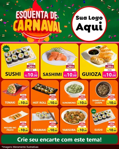 Modelo de Rede Social para Feed Instagram com o tema Esquenta de Carnaval para Comida japonesa