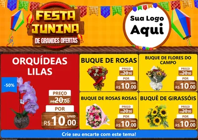 Modelo de Encarte para Encarte A4 Horizontal com o tema Festa Junina de Grandes Ofertas para Floricultura e jardim