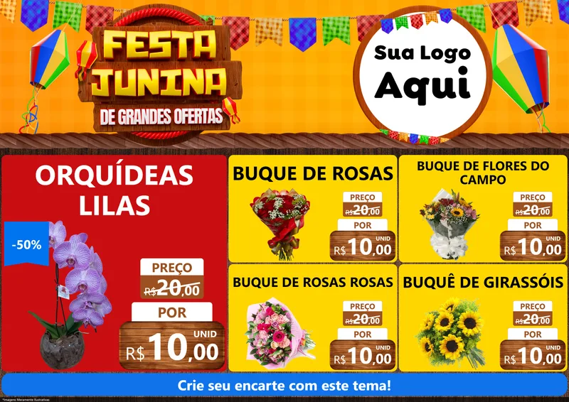 Modelo de Encarte para Encarte A4 Horizontal com o tema Festa Junina de Grandes Ofertas para Floricultura e jardim