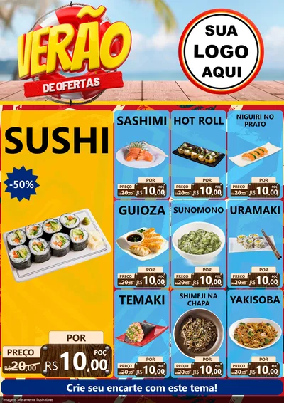 Modelo de Encarte para Encarte A4 Vertical com o tema Verão de Ofertas para Comida japonesa