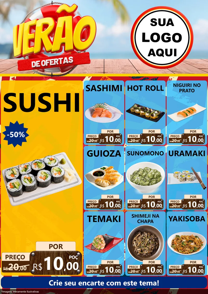Modelo de Encarte para Encarte A4 Vertical com o tema Verão de Ofertas para Comida japonesa
