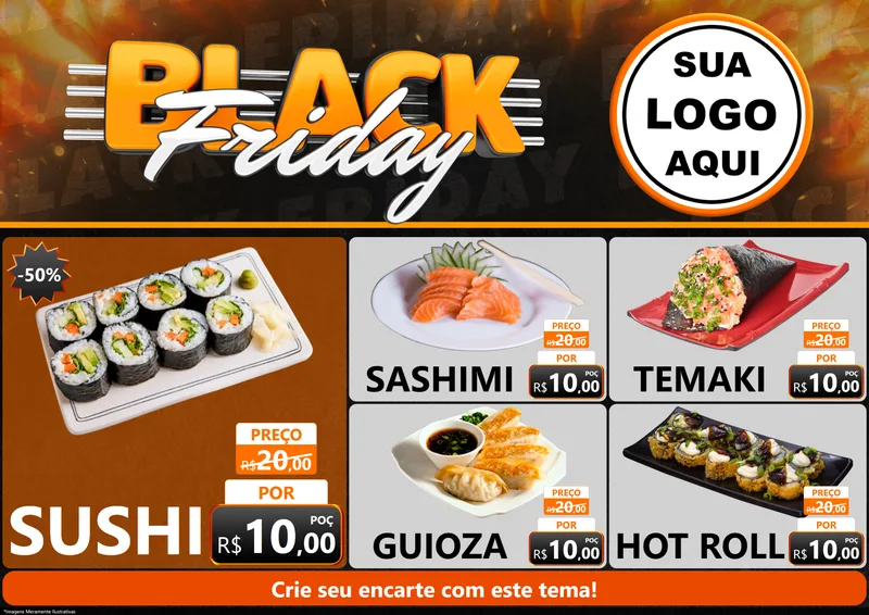 Modelo de Encarte para Encarte A4 Horizontal com o tema Black Friday para Comida japonesa